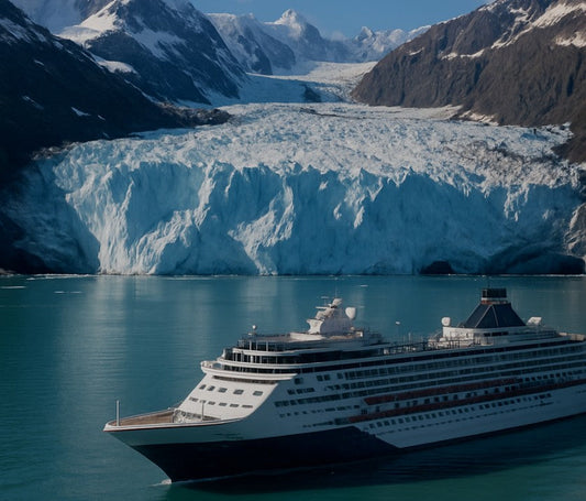 Cruise ship sailing through calm, icy waters with a massive glacier and snow-capped mountains in the background during a scenic Alaskan voyage.