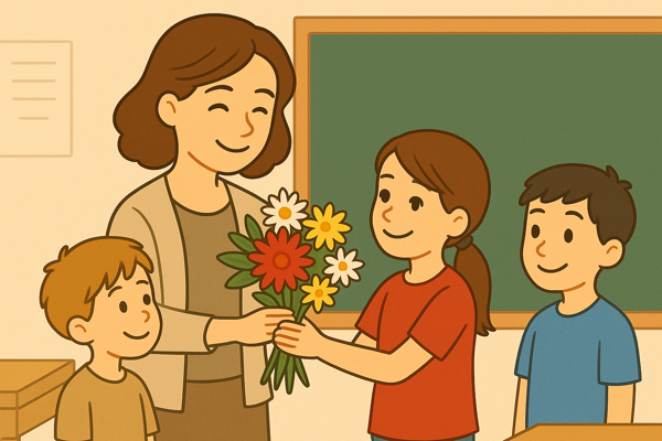 Three students give their teacher a bunch of flowers. 