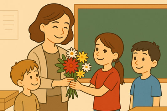 Three students give their teacher a bunch of flowers. 